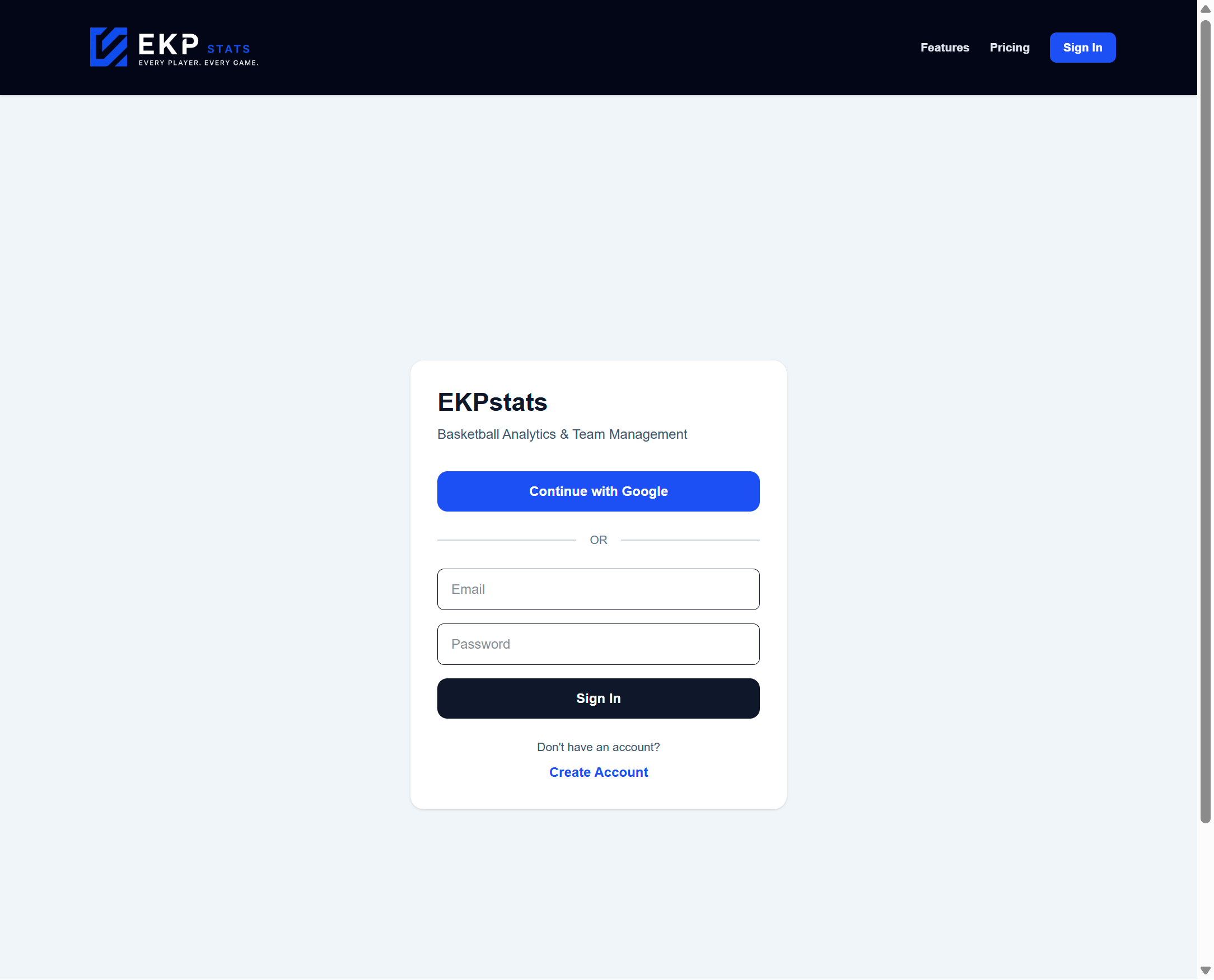 EKPstats sign in page